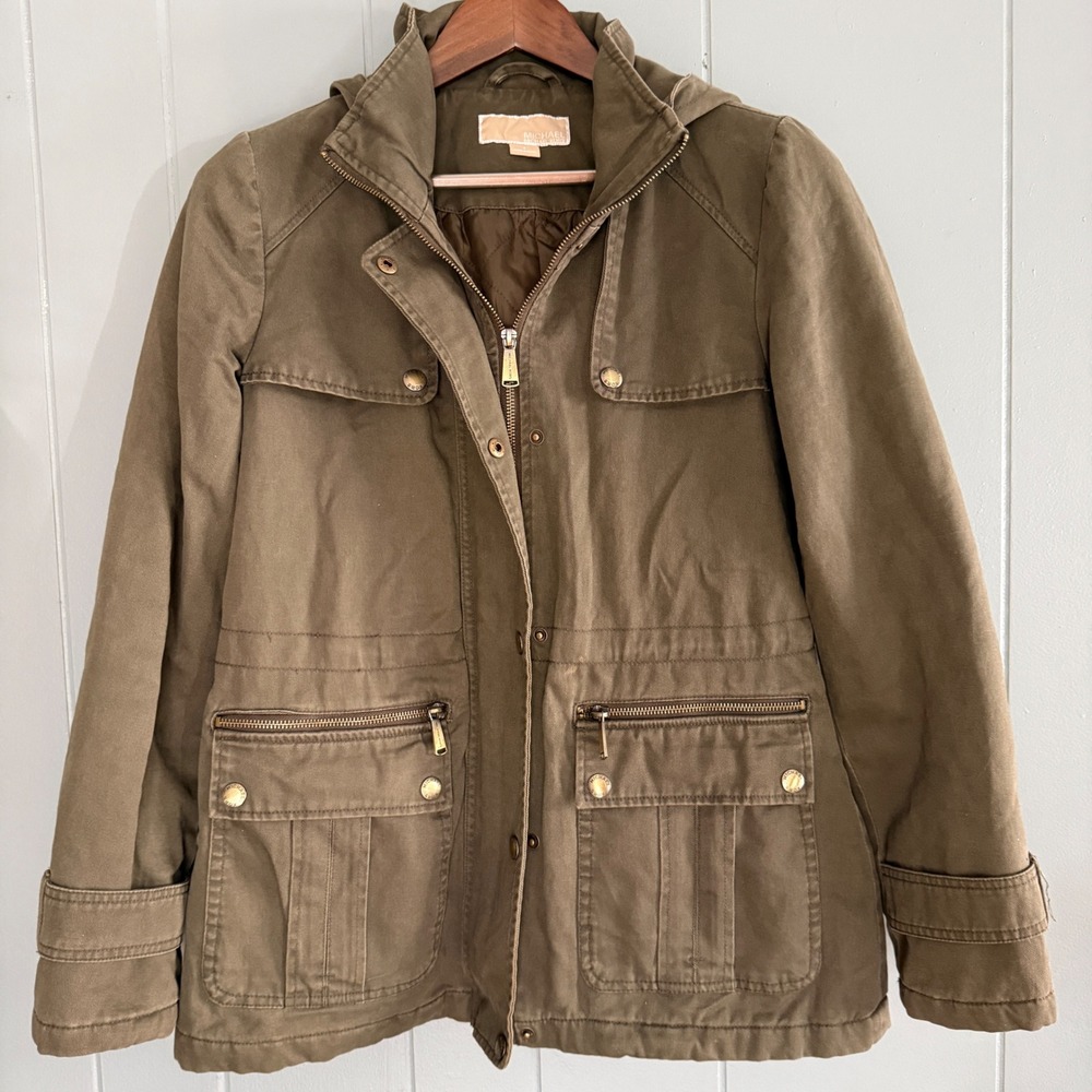 Michael Kors Olive Green Hooded Utility Field Jacket Quilted Cotton Fall Size S